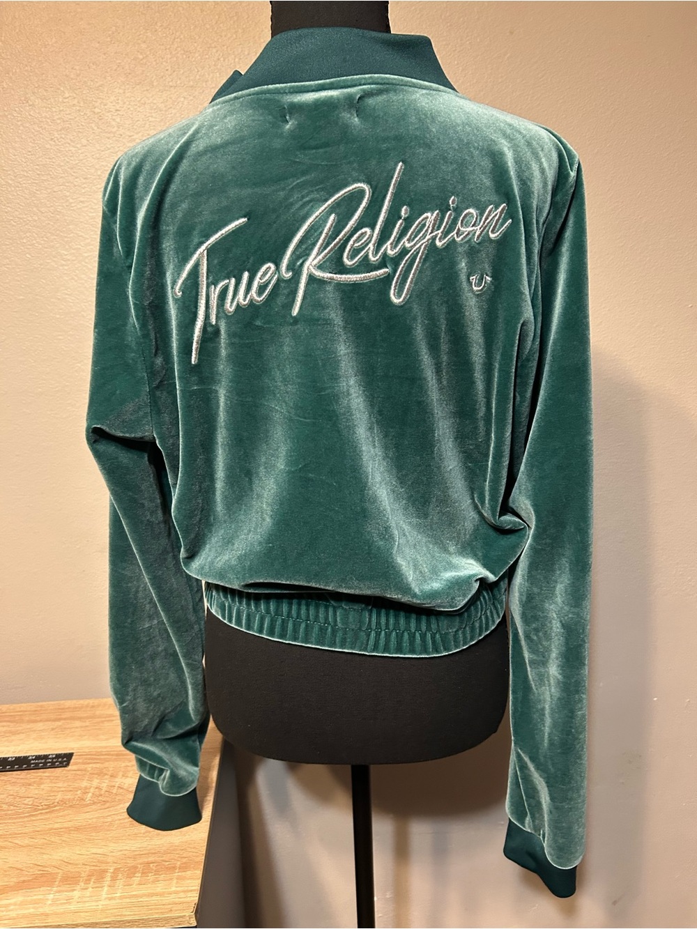 True Religion Women’s XL Teal Velour Zip Up Jacket Embroidered Logo Y2K
